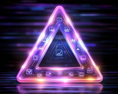 AI Risk Management and Accountability Visuals of A glowing triangular interface showcasing various icons, representing modern digital connectivity and communication.