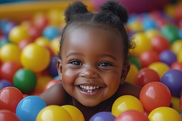 Child smiling joyfully while playing in colorful ball pit at indoor playground during sunny afternoon