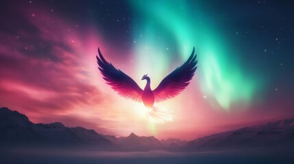 Fototapeta premium Celestial phoenix glowing softly under a radiant aurora-filled night sky