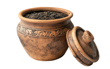Rustic Clay Jar Containing Ashes with Lid Resting Beside Isolated on transparent background.
