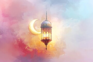 Obraz premium Luxurious Red Draped Window in a Grand Historical Room, Golden crescent and lantern on ramadan greeting card. Ramazan mubarak or kareem background for arabic holiday. Al-adha and hari raya celebration