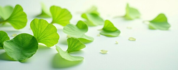 Naklejka premium Ginkgo biloba leaves scattered on a white surface, scatter, ginkgo biloba