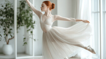 Graceful ballet dancer performing en pointe in a bright studio with natural light and minimalist decor