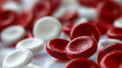 White and red blood cells move calmly through the bloodstream, creating a harmonious, peaceful flow. 
