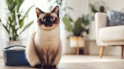 Cat sitting calmly in a cozy living room with indoor plants and a litter box nearby