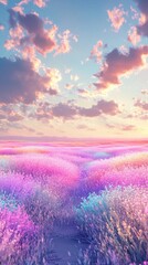 Fototapeta premium Breathtaking landscape of a vast lavender field bathed in the warm vibrant glow of a stunning sunset sky The serene ethereal scene exudes a sense of tranquility and natural beauty