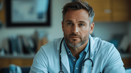 Doctor wearing a white coat with a stethoscope in a medical office during a consultation