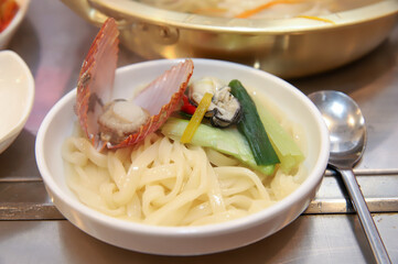 Korean traditional food. Seafood Kalguksu
