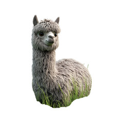 Fototapeta premium Fluffy 3D Cartoon Alpaca with Soft Glowing Fleece Sitting in the Grass Isolated on Transparent Background
