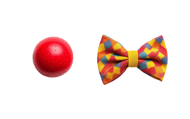 Fun Clown Nose with Colorful Bow Tie for Purim Celebration Isolated on transparent background.
