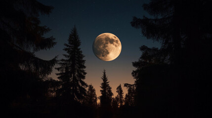 Fototapeta premium A crescent moon shining over a peaceful forest silhouetted against the night sky.