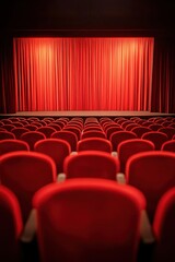 Fototapeta premium A theater scene with red seats and a vibrant curtain backdrop.