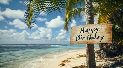 Naklejka premium A cheerful Happy Birthday sign wrapped around a palm tree trunk, set against a tropical beach scene with clear blue skies and turquoise waters.