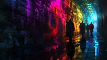 Vibrant neon-lit dark alley with silhouettes of cloaked figures walking on wet reflective pavement in a mysterious urban setting.