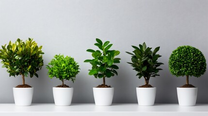 Fototapeta premium Five potted plants in a row against a gray background. A serene and minimalist home decor image showcasing the beauty of nature indoors.