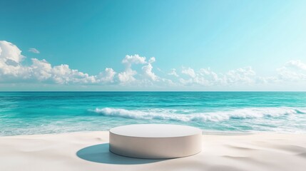 Fototapeta premium A modern circular podium set against a serene beach backdrop, with sparkling ocean waves and a sunny sky enhancing the display setting.