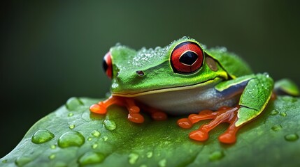 Tiny Frog on Leaf, resting peacefully with dewdrops glistening around it