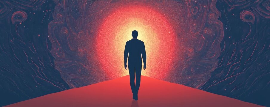 Figure walking into a glowing divine portal surrounded by celestial patterns