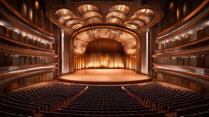 Fototapeta premium Elegant theater interior featuring seats and grand stage design.