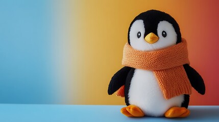 Penguin plush with scarf sitting isolated on a colorful background