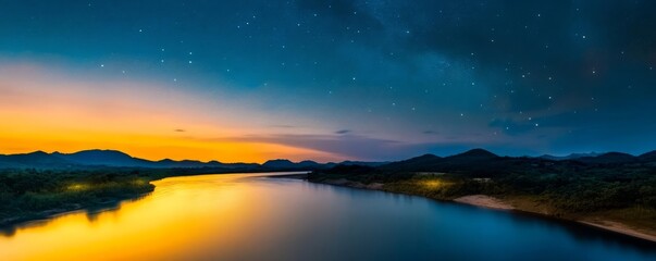 Golden aura illuminating a tranquil river under a serene, starlit sky