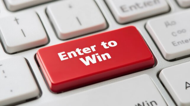 Bright red enter to win button on a computer keyboard inviting users to participate in a contest or sweepstakes