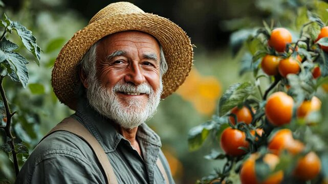Man wearing a straw hat is smiling and standing in front of a tree with oranges. Concept of happiness and contentment, as the man is enjoying his time outdoors and surrounded by nature