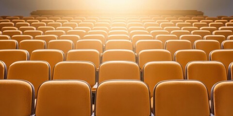 Fototapeta premium Empty theater seats illuminated by soft golden light.