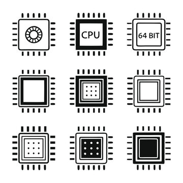 a set of simple, black and white vector icons representing different CPU chips.