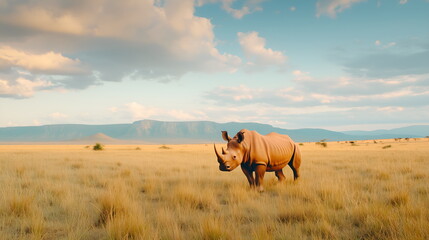 A rhinoceros standing tall in an open grassland, with a backdrop of rolling hills and scattered acacia trees
