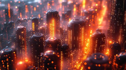 Obraz premium A futuristic digital landscape featuring a network of glowing blue and orange lines and grids,