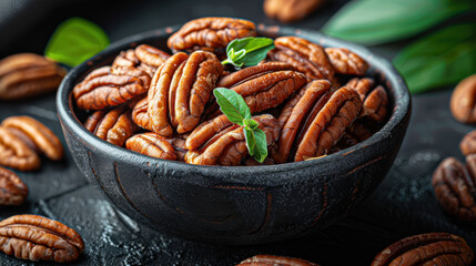 Fototapeta premium Delicious caramelized pecans in bowl, perfect for appetizers or snacks, showcasing their rich texture and flavor. Ideal for enhancing desserts or enjoying on their own