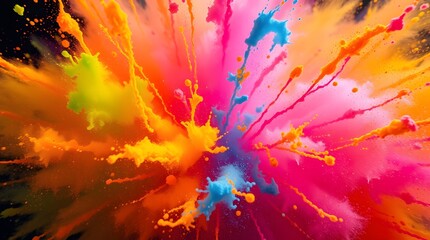 High-resolution stock photo of a vibrant, abstract explosion of colorful paint splatters against a black background. 