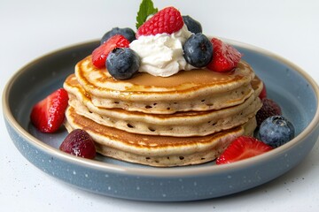 Cruelty-free wellness through a vegan lifestyle. Delicious pancakes topped with berries and whipped cream.