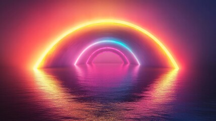 Obraz premium Mesmerizing neon circle reflection illuminating a dreamlike futuristic underwater landscape scenery Vibrant colors glowing lines