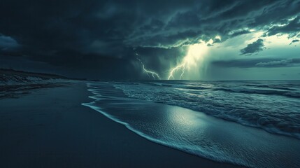 A dramatic scene of dark storm clouds looming over a windswept beach, with turbulent waves crashing onto the shore.