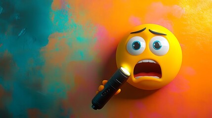 Frightened wide eyed emoji holding a flashlight isolated on a colorful background