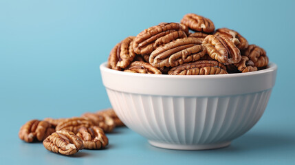 Obraz premium Delicious pecan nuts in white bowl showcasing their rich texture and flavor. Perfect for snacking or adding to recipes, these nuts are healthy choice