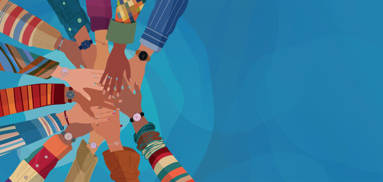 Group hands on top of each other of multicultural people. Community teamwork cooperation or ethnicity concept. Diverse culture.Diversity Equality Inclusion. Agreement between colleagues