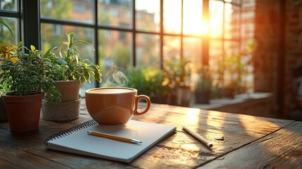 A white ceramic coffee mug sits on a wooden desk,