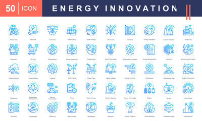 Icons for Energy Innovation, covering solar, wind, hydropower, green energy, smart grids, sustainability, carbon emission reduction, and future technologies. Perfect for clean energy projects.