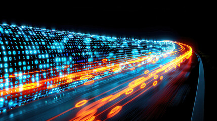 Digital display of binary code representing data flow with vibrant colors and motion effects, illustrating speed and complexity of information transfer in technology
