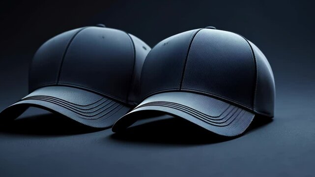 Two black baseball caps are shown on a black background. The caps are identical in size and shape, and they are positioned next to each other. Concept of uniformity and consistency