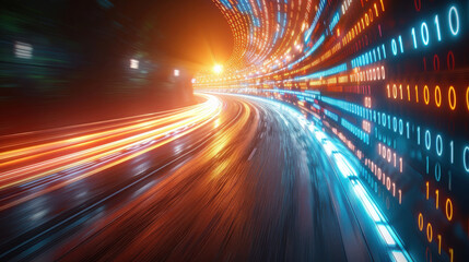Digital display of binary code with vibrant light trails representing data flow, creating dynamic and futuristic atmosphere. scene captures essence of technology and speed