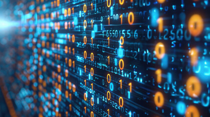 Digital display of binary code representing data flow, showcasing vibrant blue and orange colors. This captures essence of technology and information processing