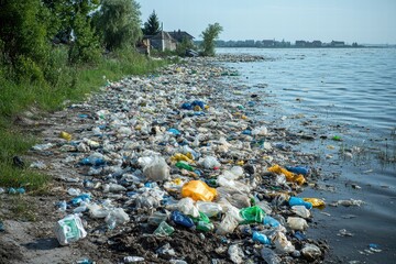 Obraz premium Polluted lake shore covered with plastic waste during a clear day in a quiet area