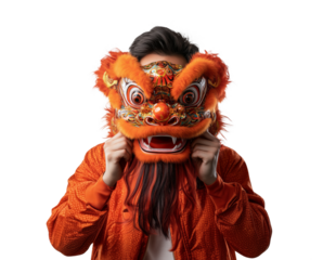 A young man in an orange dragon-head costume, face concealed, is isolated on a transparent background.