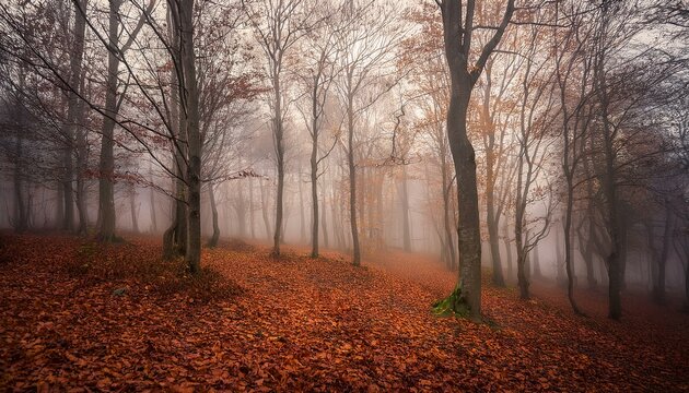 Generated image A misty November morning in a forest with bare trees and fallen leaves covering the ground