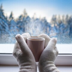 Generated image A pair of hands holding a warm drink by a frosty window with snow outside