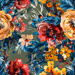 Vibrant seamless floral pattern with colorful flowers, leaves, and berries on a green background. Perfect for textiles, wallpapers, and digital designs. Botanical elegance in a seamless design.